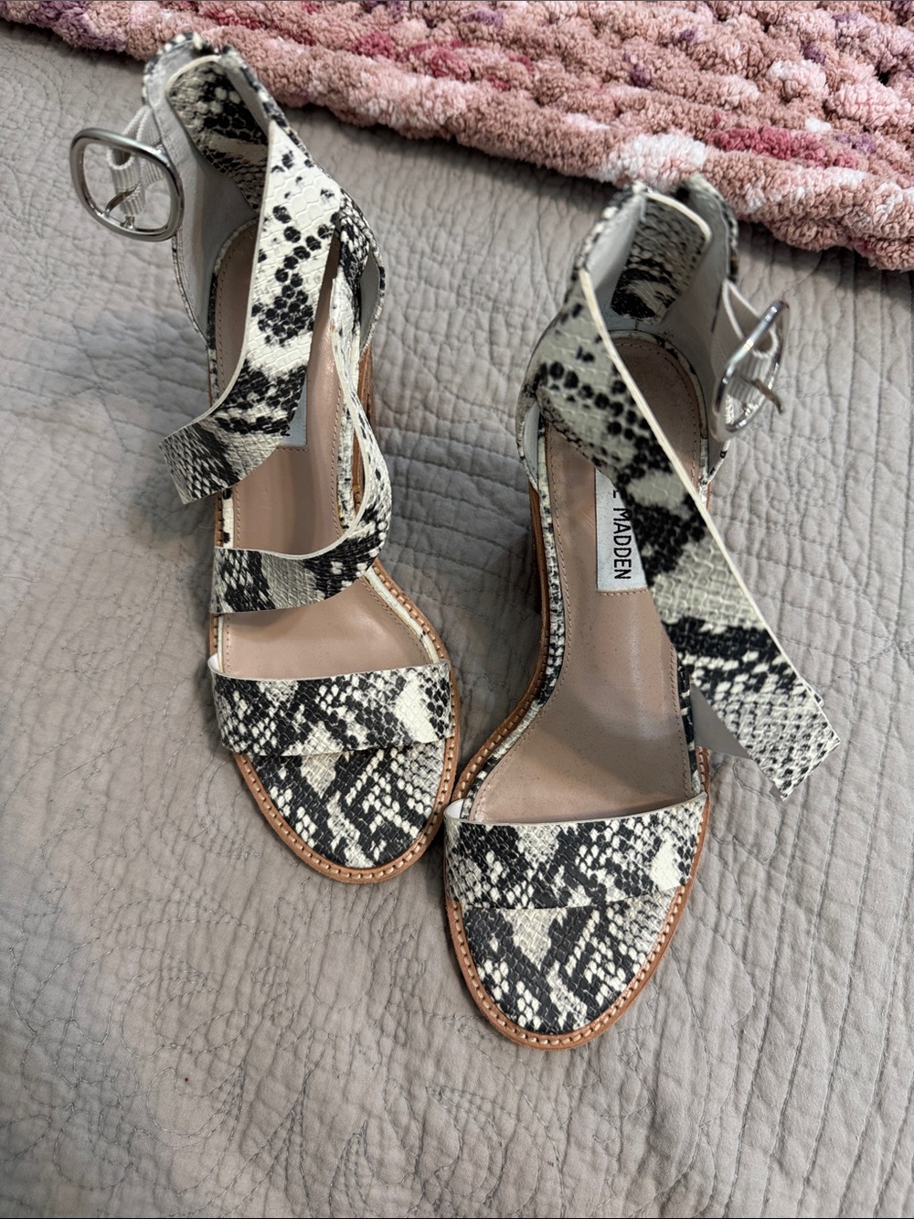 Steve Madden Black & White Snake-Print Ankle Strap Heels